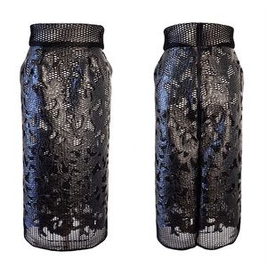 Black Net Neoprene With Black Faux Leather Flowers High Waisted Pencil Skirt 4